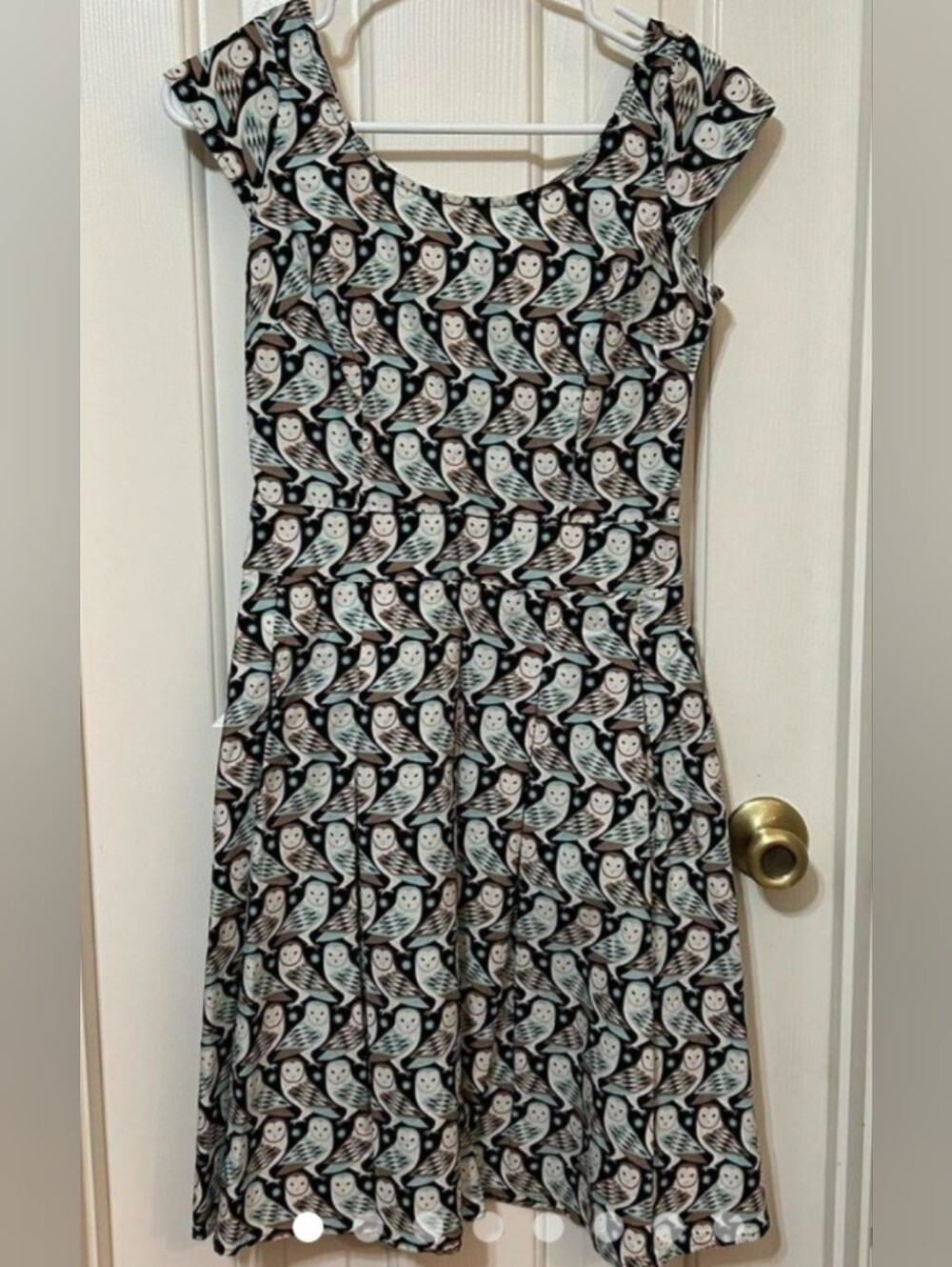 Retrolicious Owl Print Cream, Black & Tan Print Sleeveless Fit-and-Flare Dress